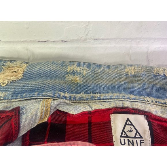 UNIF Womens Small Denim Jean Button Up Front Vest Distressed Destroyed Patches - Picture 5 of 12